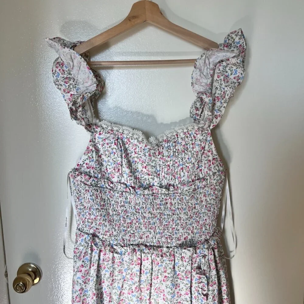 For Love & Lemons Amalfi White Pastel Floral Ruffle Midi Dress 1X​​​​​​​​​​
